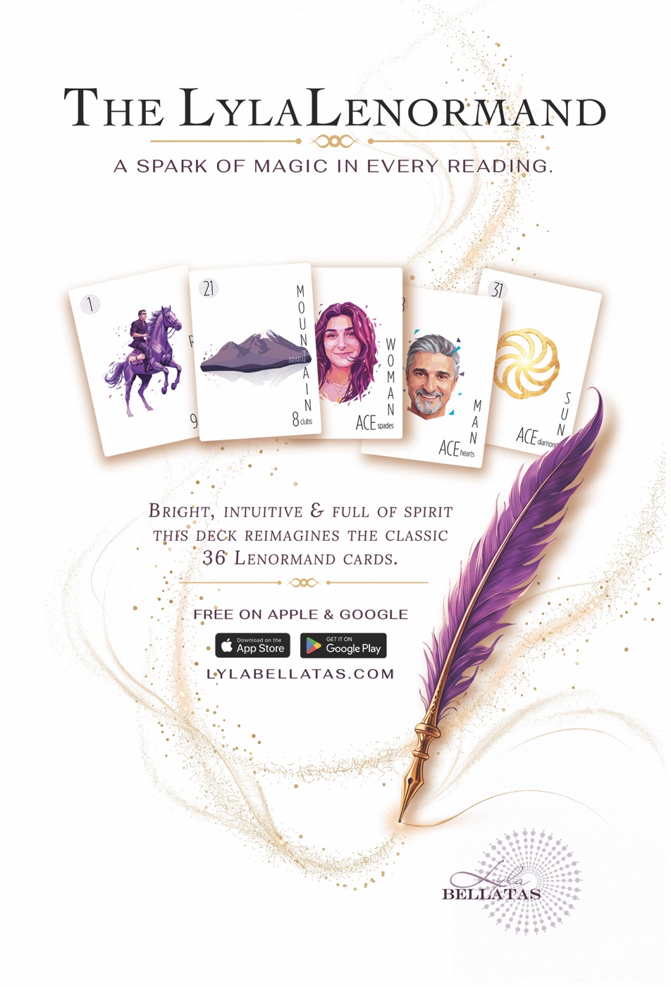 The Lyla Lenormand postcard — five cards fanned beside a purple quill: Rider, Mountain, Woman, Man and Sun. A spark of magic in every reading.